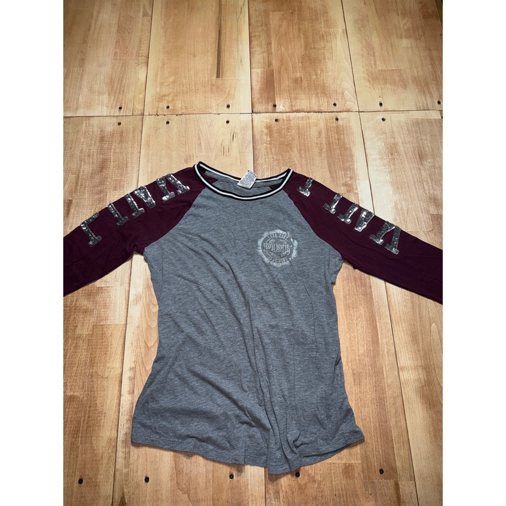 Victoria's Secret PINK Baseball Tee Gray Burgundy Sequin‎ Sleeve Logo Women's M